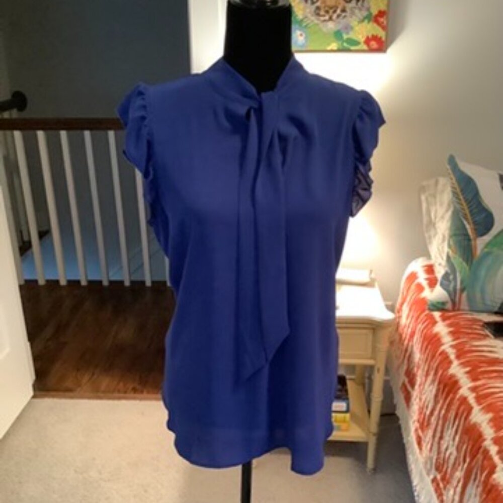 Royal Blue LOFT Tie Neck Sleeveless Blouse